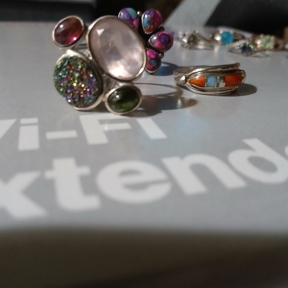 Pink & Green Tourmaline Druzy Quartz Cluster Statement Ring 925 - Picture 3 of 7